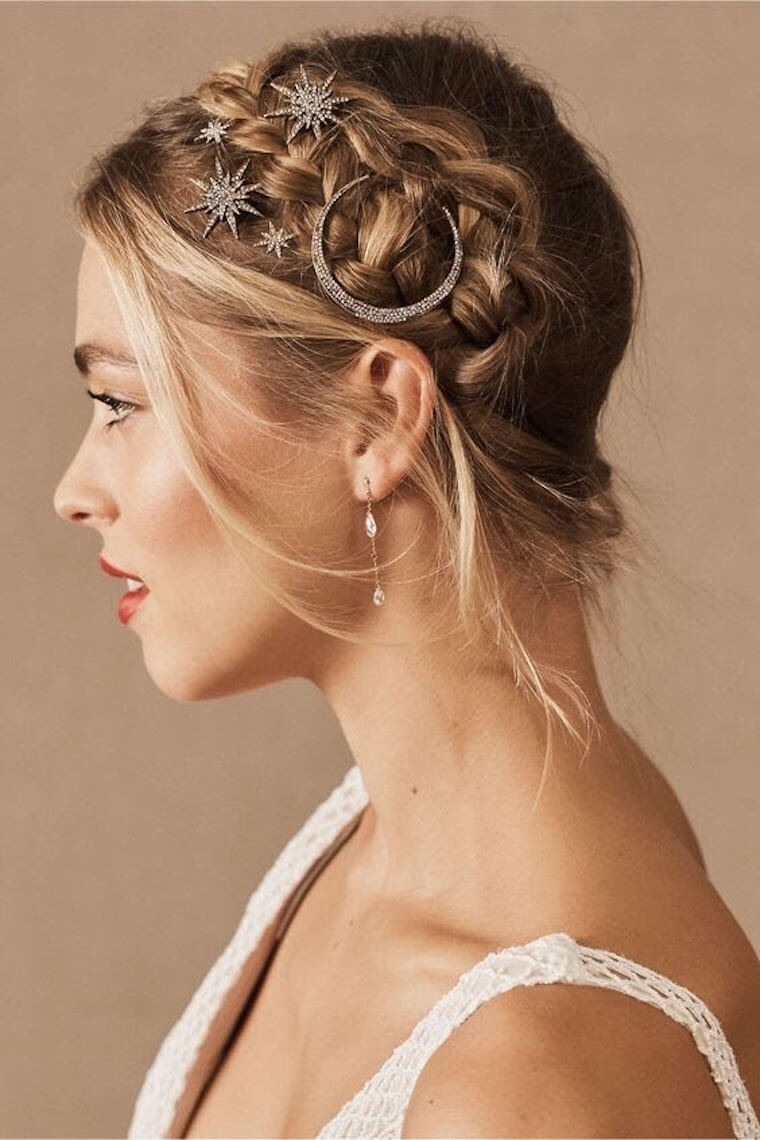 tied braided wedding hairstyle with pins