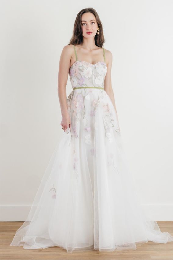 bridal gown with pastel flowers