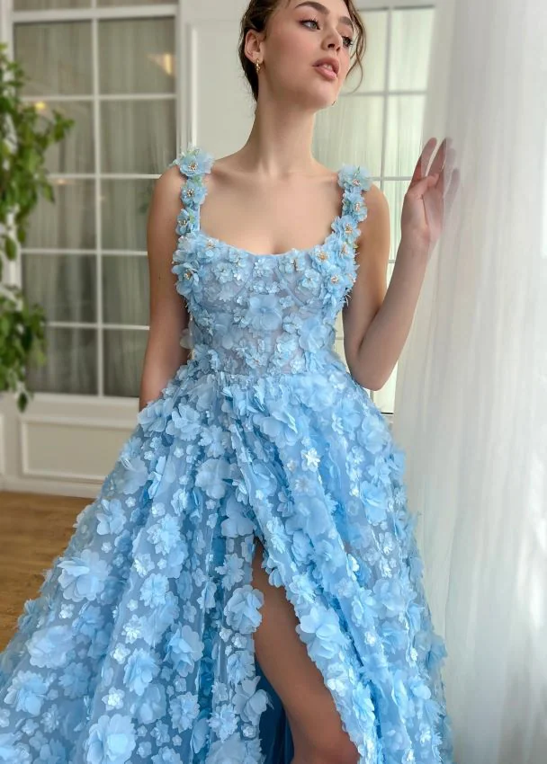 bride wearing a blue wedding dress