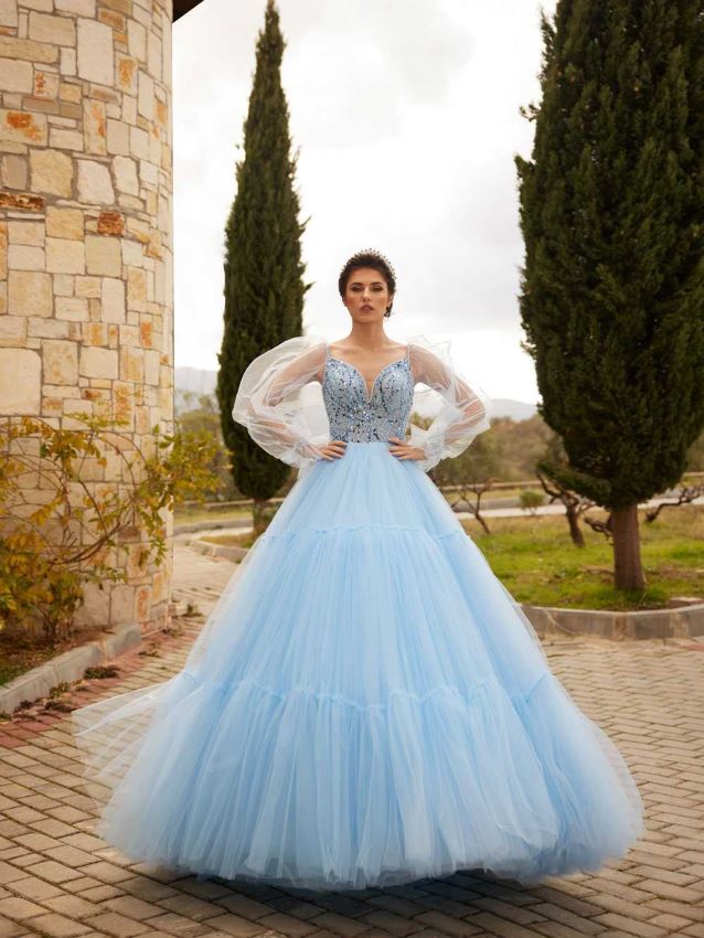 bride wearing baby blue princess gown