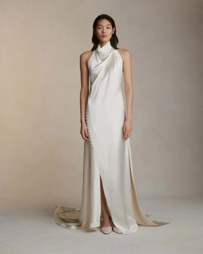 bride wearing slip dress