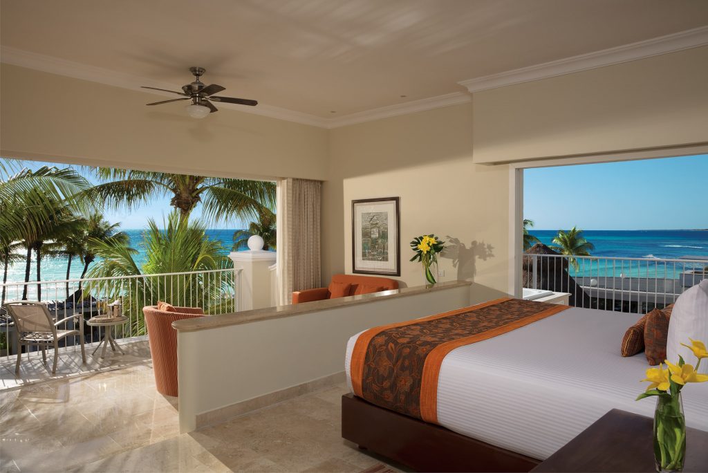 hotel room with palm tree and ocean beach view