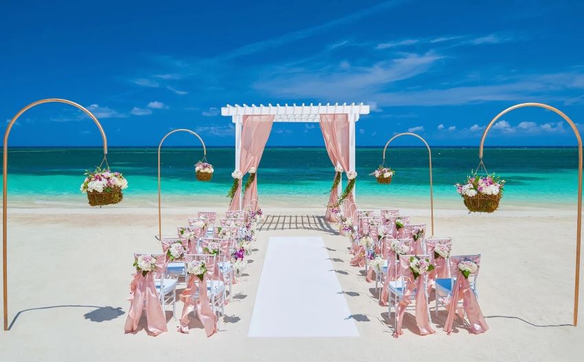 beach wedding setup at sandals montego bay jamaica