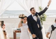 Beach destination wedding couple