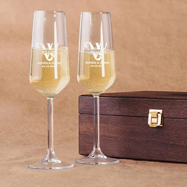 Radiant Rose Gold Etched Wedding Champagne Flute Set