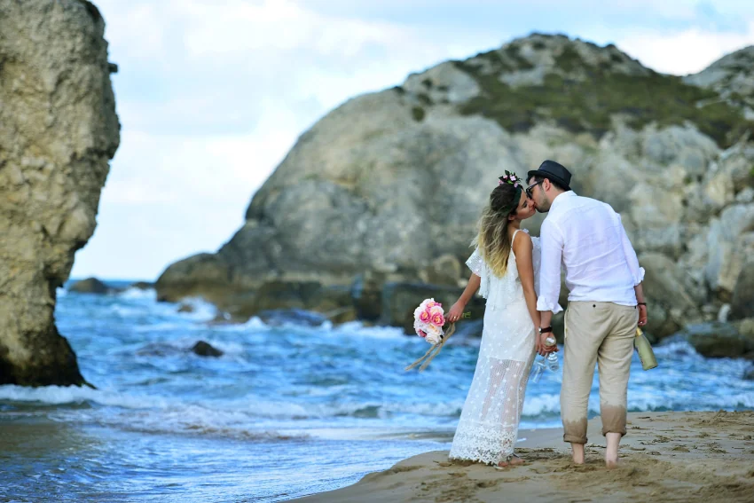 bride and groom on beach