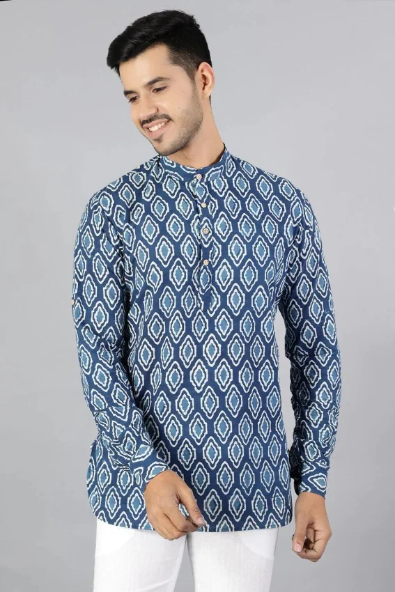 man wearing indigo short kurta