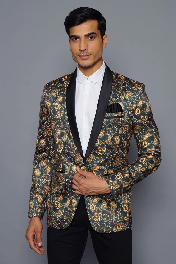 man wearing patterned tuxedo
