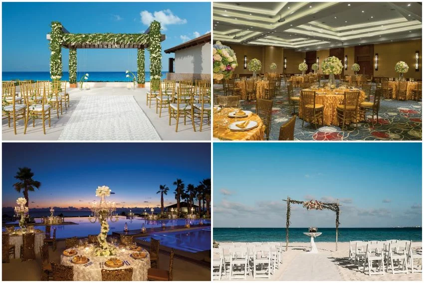 collage of wedding venues at secrets playa mujeres