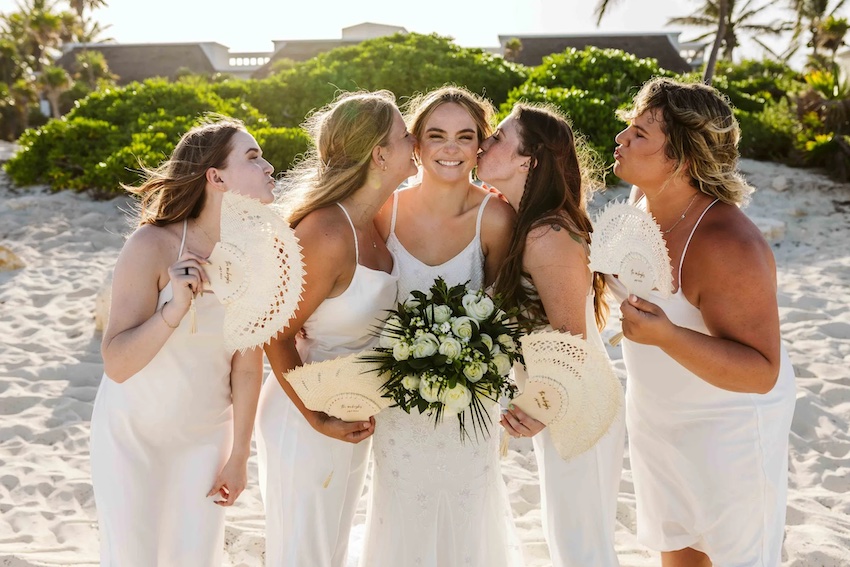 happy bride with bridesmaids