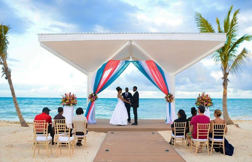bride groom and guests at wedding ceremony royalton blue waters montego bay