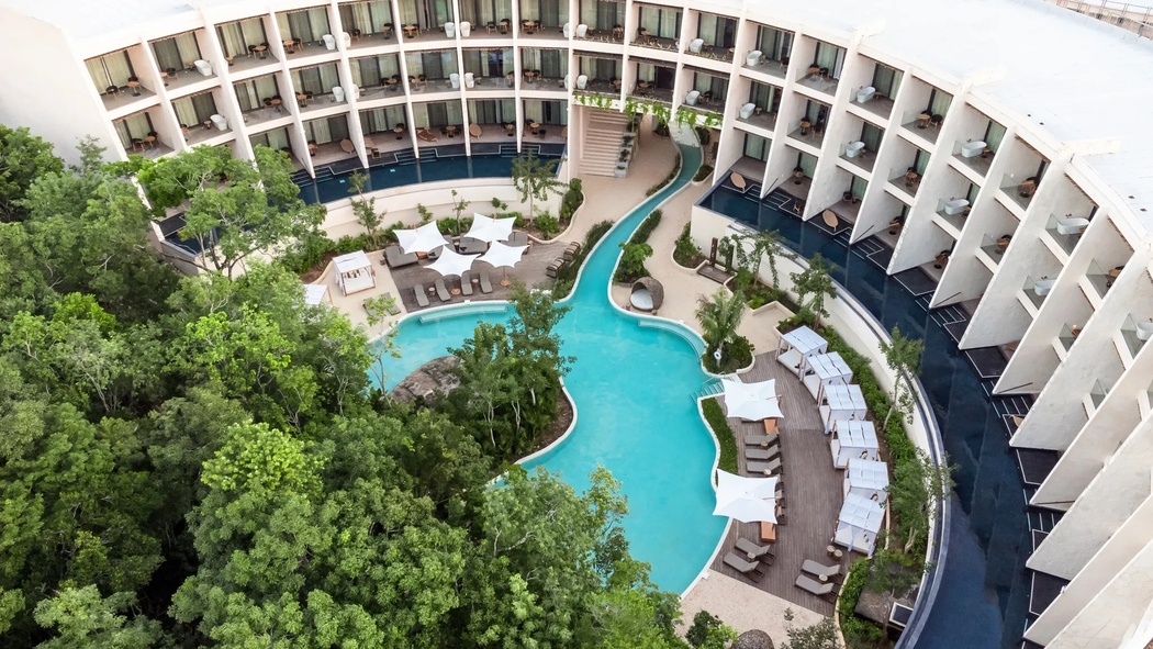 Secrets Tulum rooms and pool aerial view