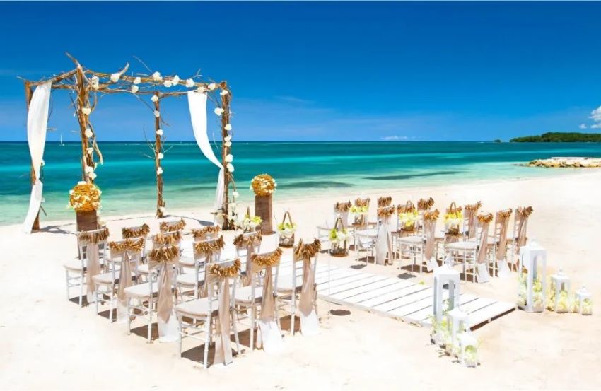 beach wedding setup at sandals resort