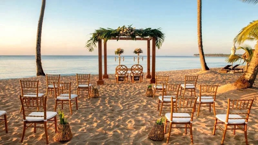 beach wedding setup at viva v samana by wyndham