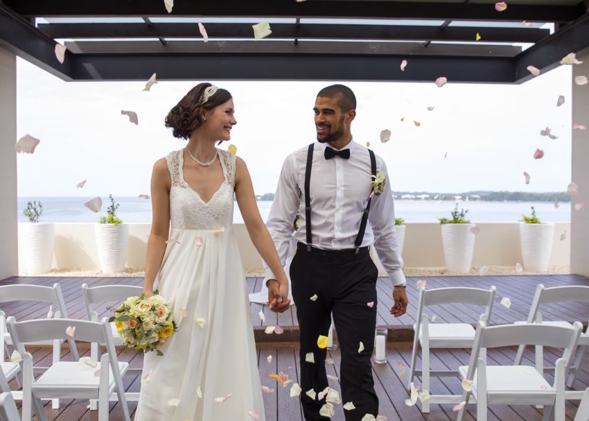 bride and groom on the sky terrace at hideaway at royalton negril
