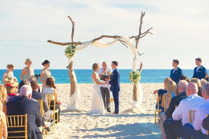 bride groom and guests at beach wedding zoetry casa del mar los cabos
