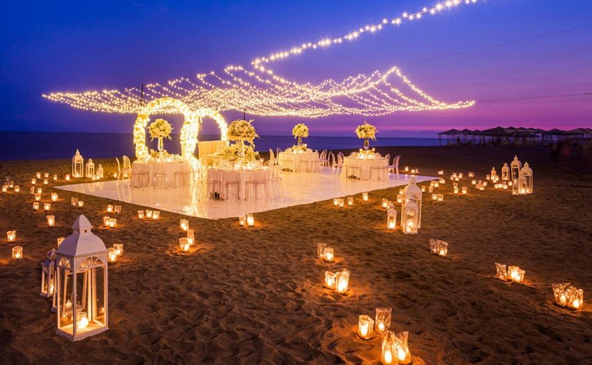 reception dinner setup on the beach at velas vallarta
