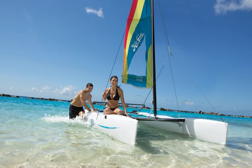 couple on a hobie cat at secrets montego bay