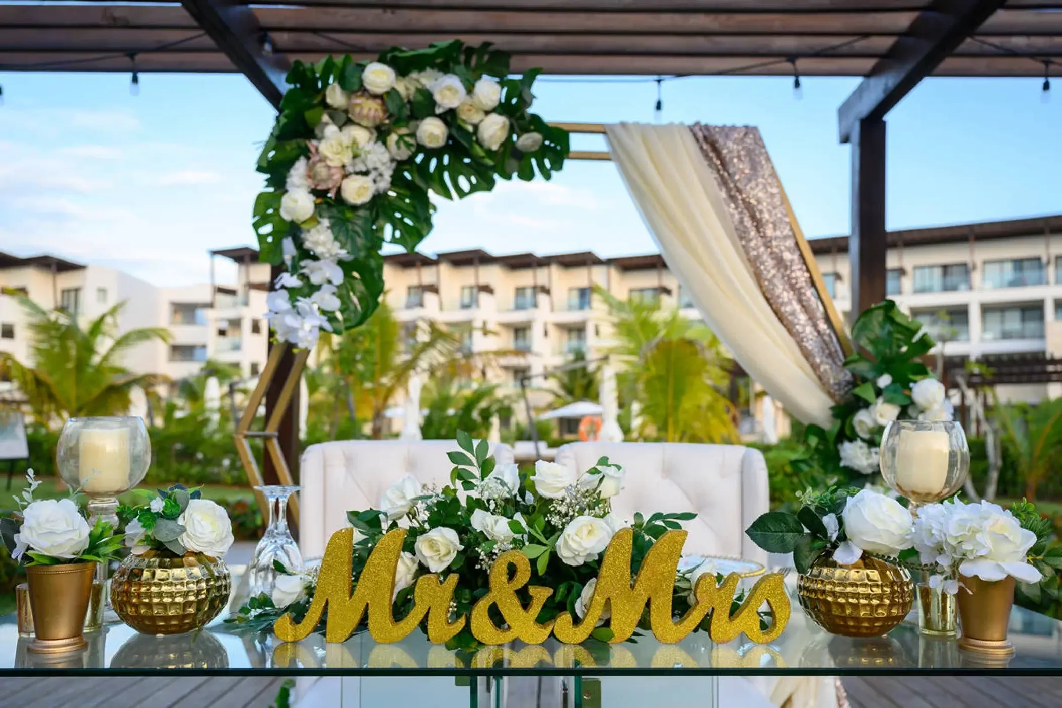 Mr & Mrs head table setup for a wedding reception at Dreams Macao Beach, Punta Cana