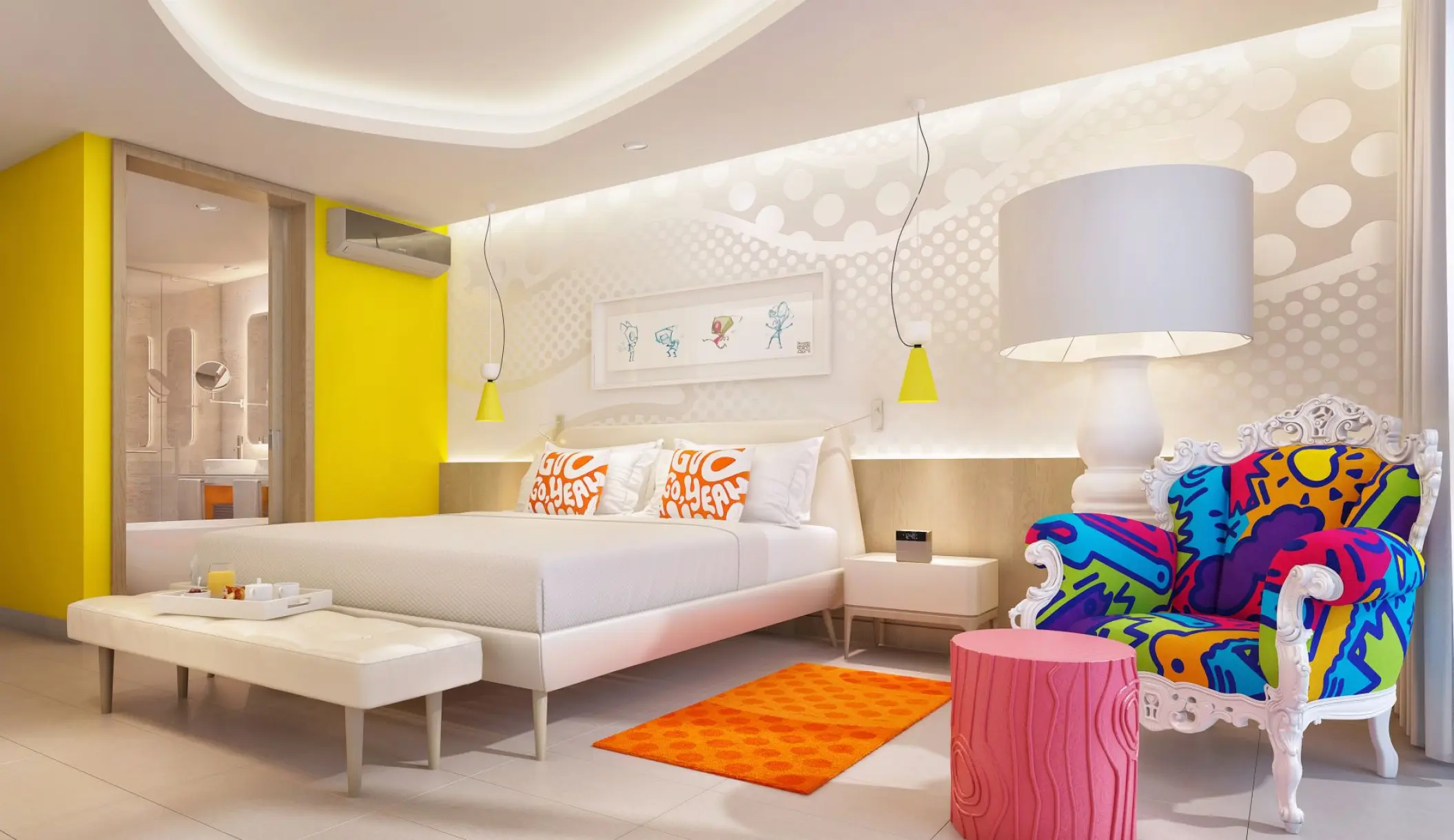 Modern suite with colorful cartoon-inspired decor at Nickelodeon Riviera Maya