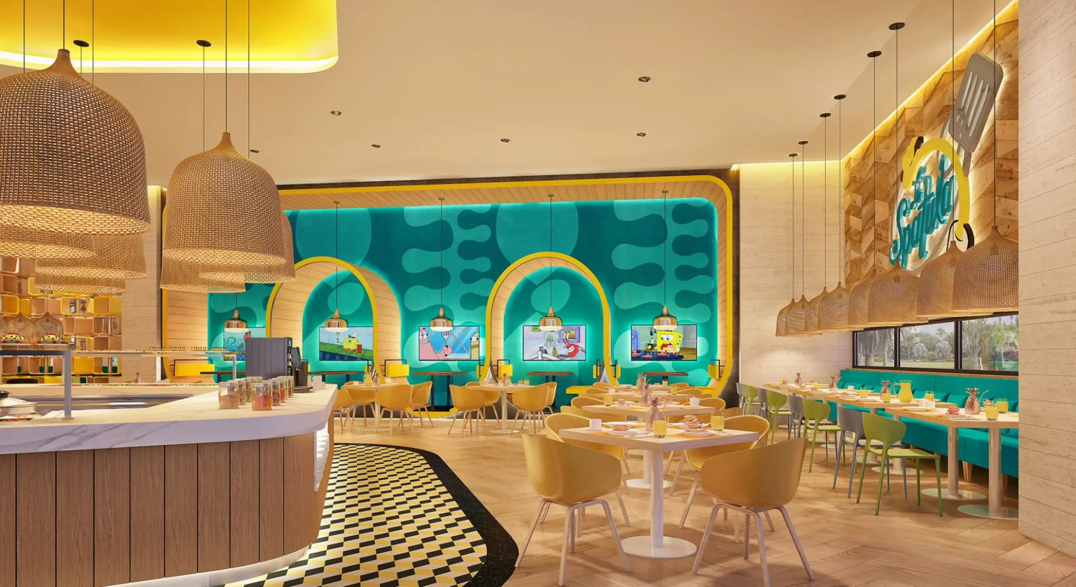 Colorful themed restaurant with woven pendant lights at Nickelodeon Riviera Maya