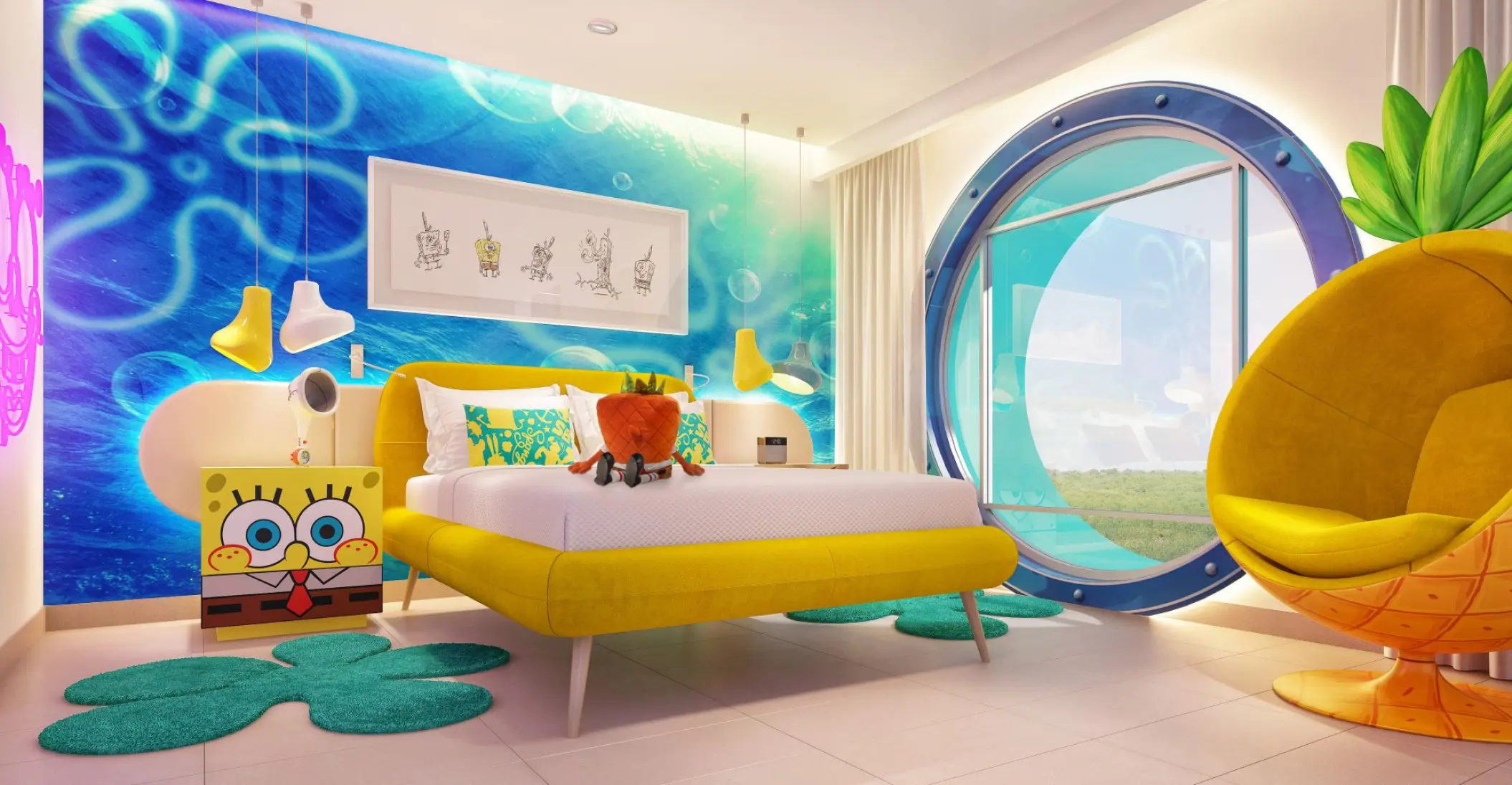 SpongeBob SquarePants themed suite with a pineapple chair at Nickelodeon Riviera Maya