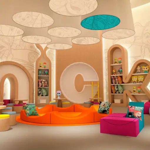 Colorful themed kids club at Nickelodeon Riviera Maya featuring character wall art and play areas