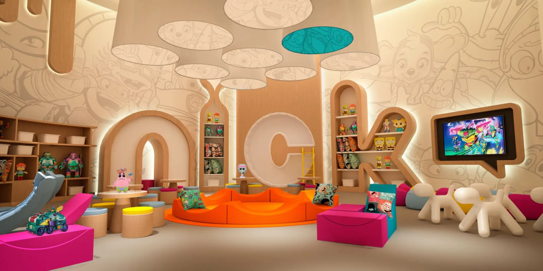 Colorful themed kids club at Nickelodeon Riviera Maya featuring character wall art and play areas