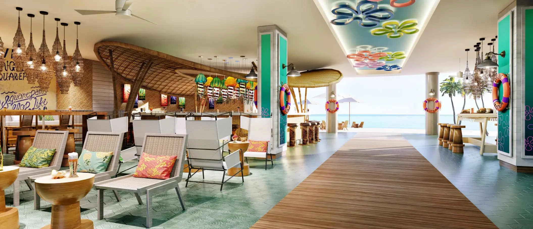 Bikini Bottom Bar with tropical seating and ocean views at Nickelodeon Riviera Maya