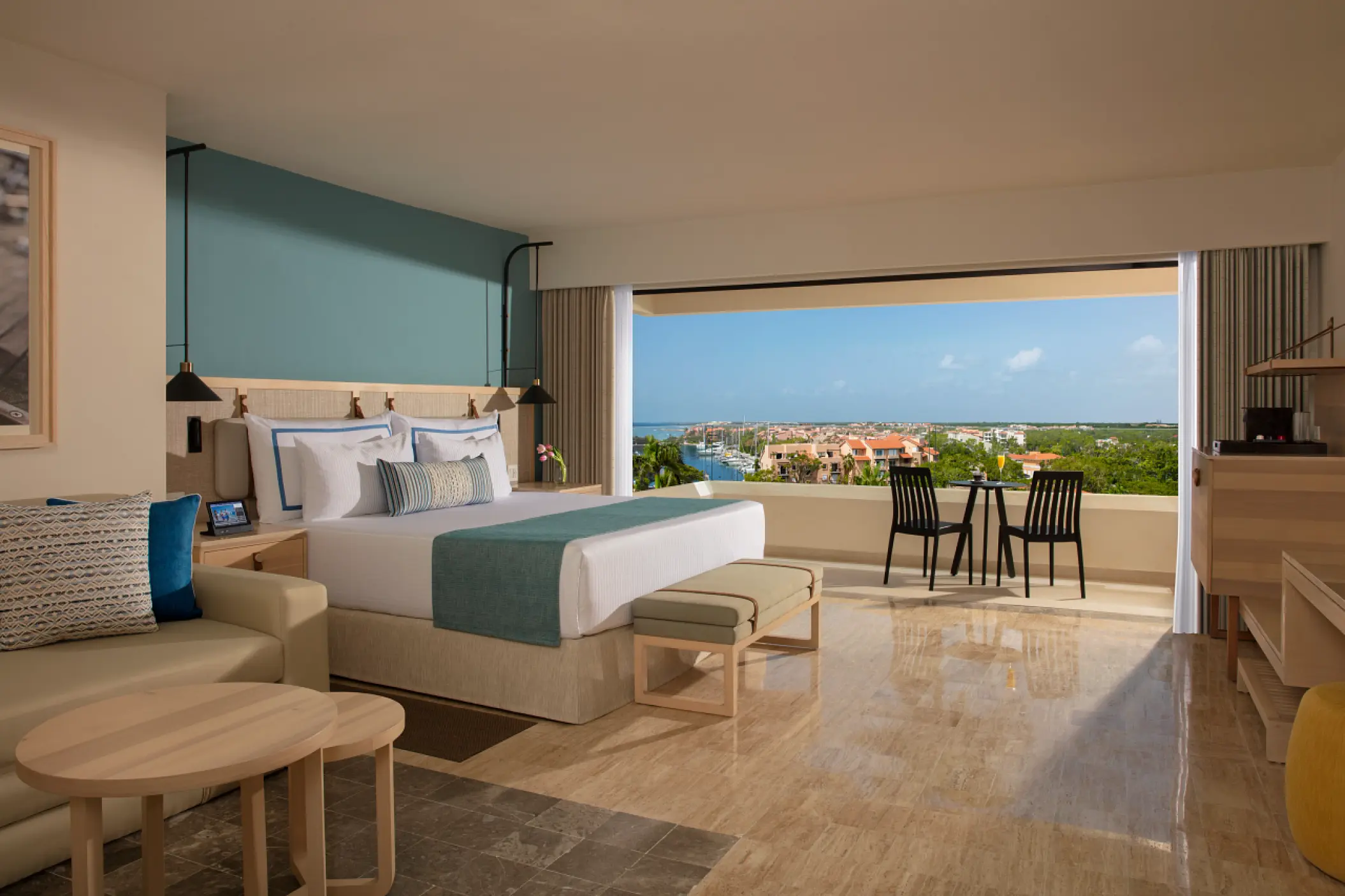 King bed suite with ocean-view balcony at Dreams Aventuras, Riviera Maya