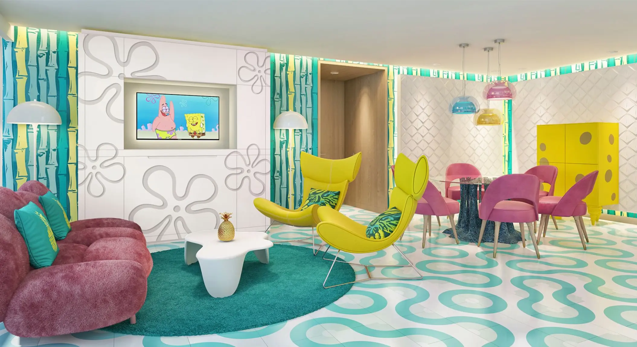 SpongeBob-themed suite living area at Nickelodeon Riviera Maya