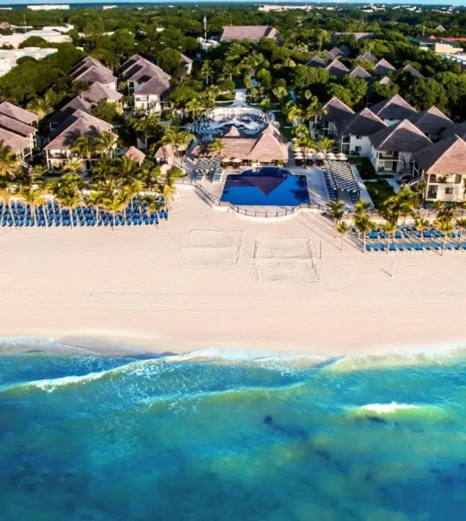 Aerial view of Allegro Playacar bungalows and pool by the turquoise Caribbean Sea, Playa Del Carmen