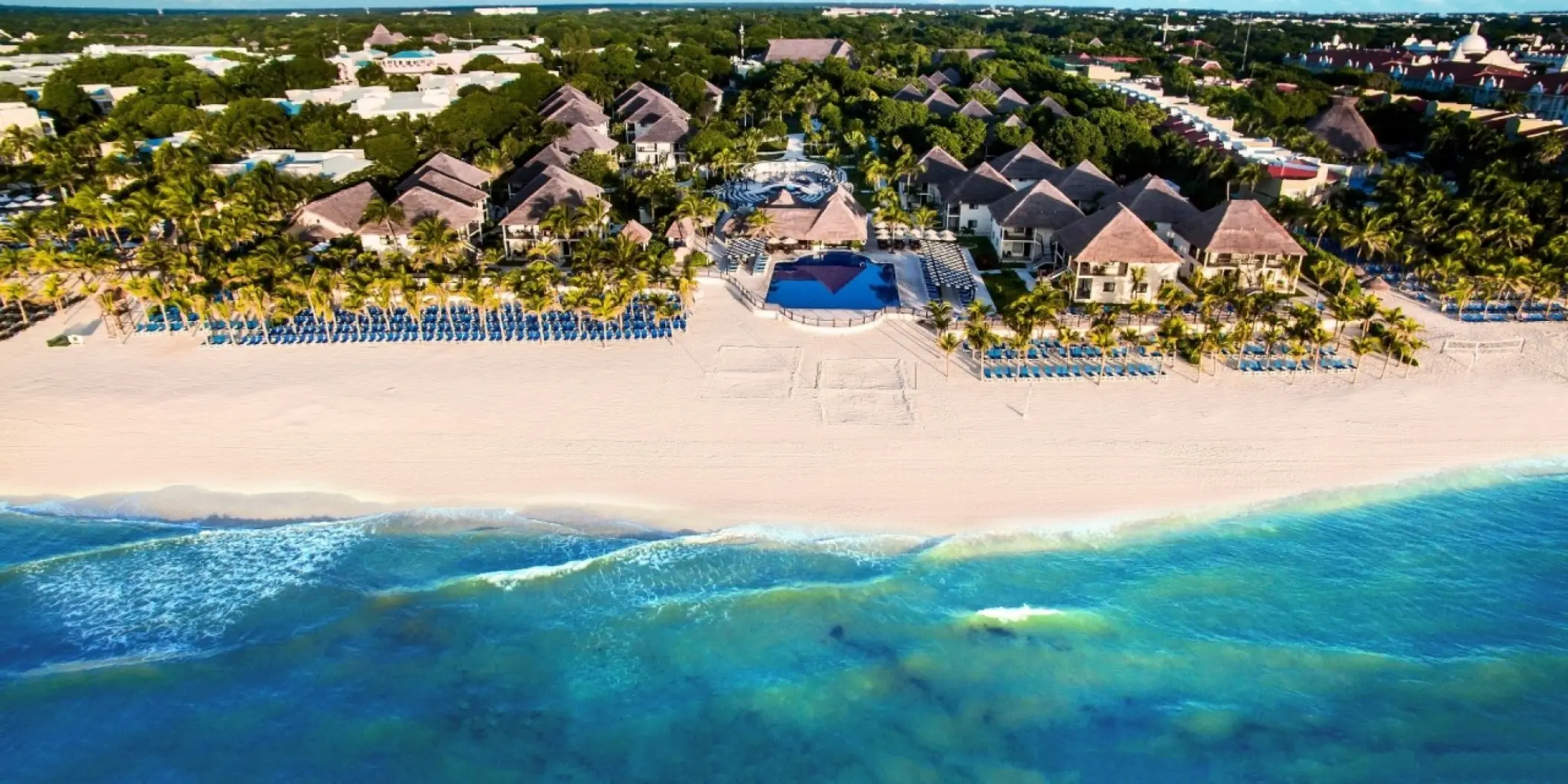 Aerial view of Allegro Playacar bungalows and pool by the turquoise Caribbean Sea, Playa Del Carmen
