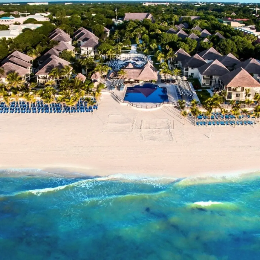 Aerial view of Allegro Playacar bungalows and pool by the turquoise Caribbean Sea, Playa Del Carmen