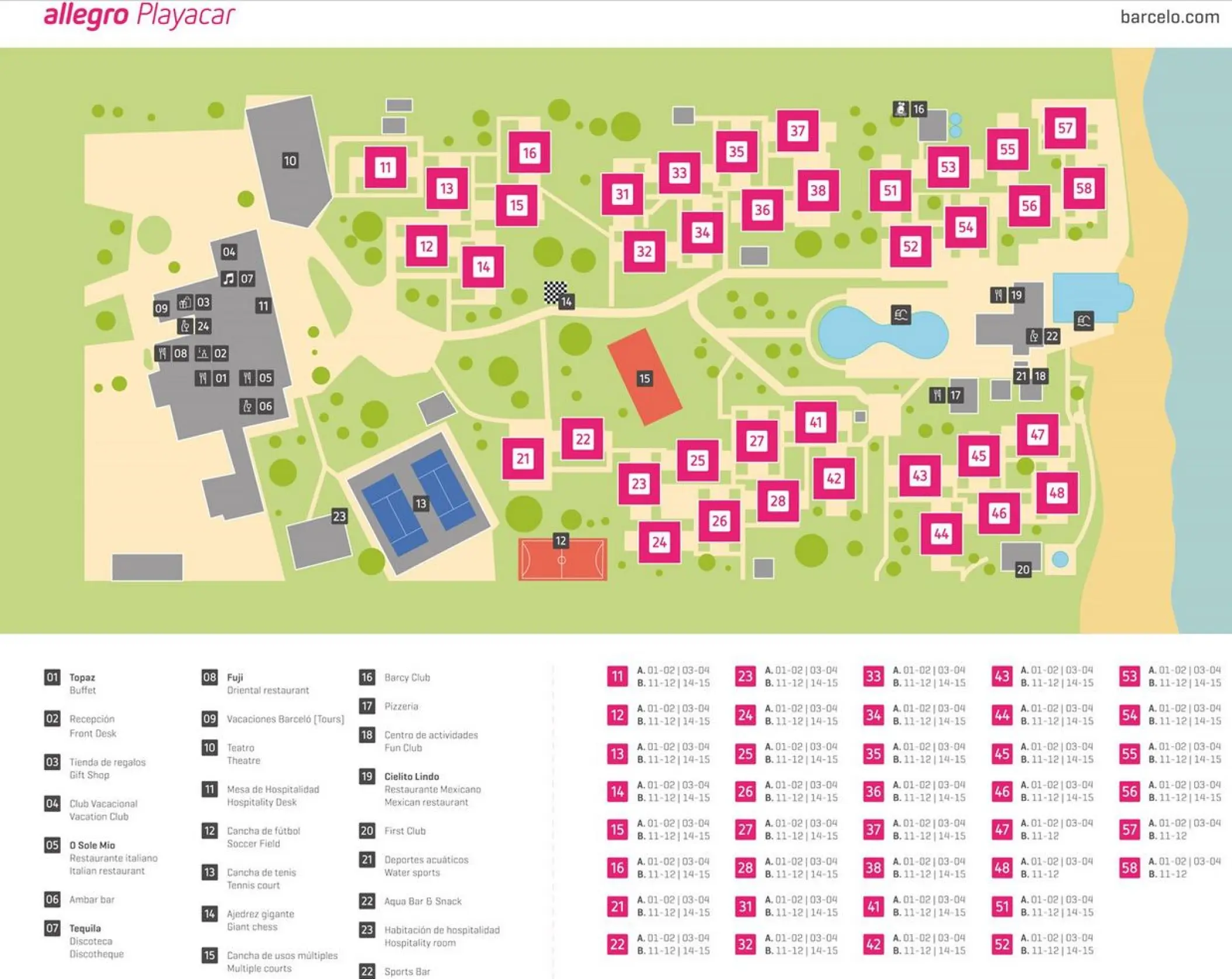 Resort map of Allegro Playacar showing bungalows, pools, and facilities in Playa Del Carmen