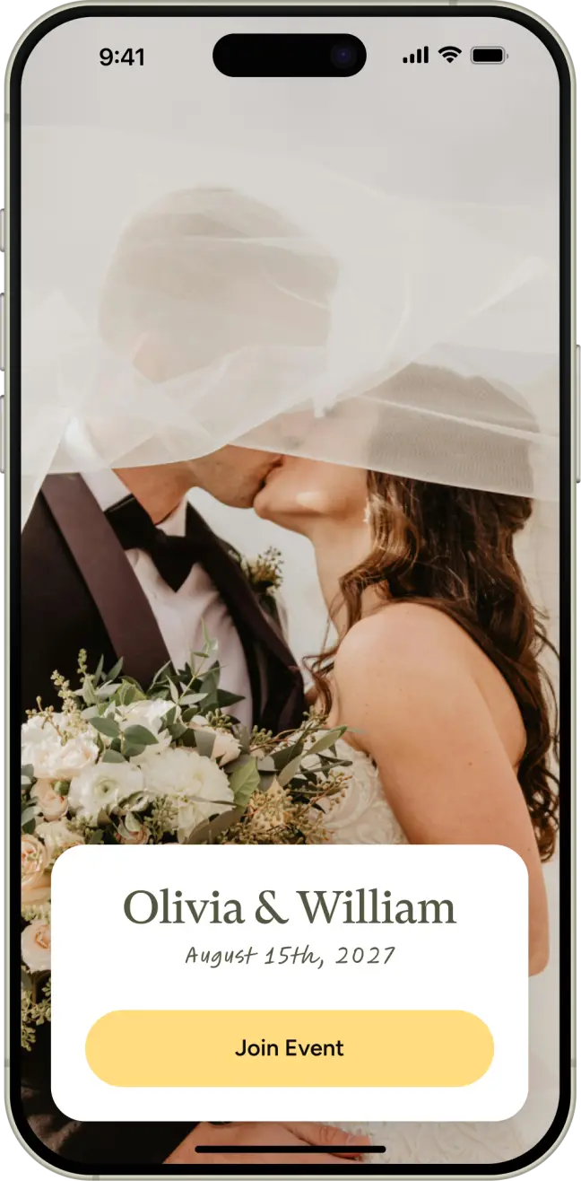 Smartphone screen showing a wedding app for Olivia & William's event on August 15th, 2027 with a Join Event button