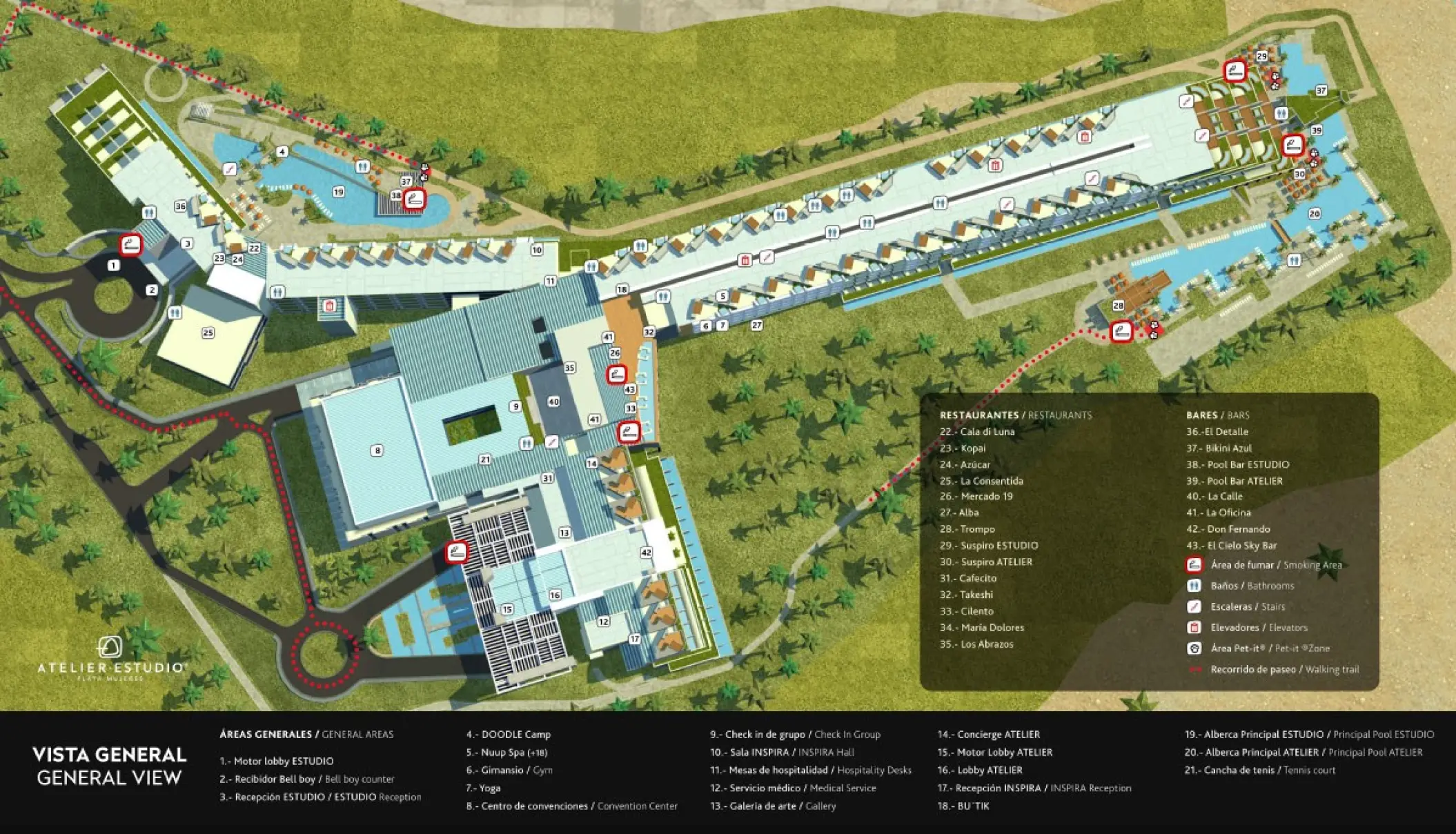 Illustrated map showing the layout and facilities of Atelier Playa Mujeres, Cancun