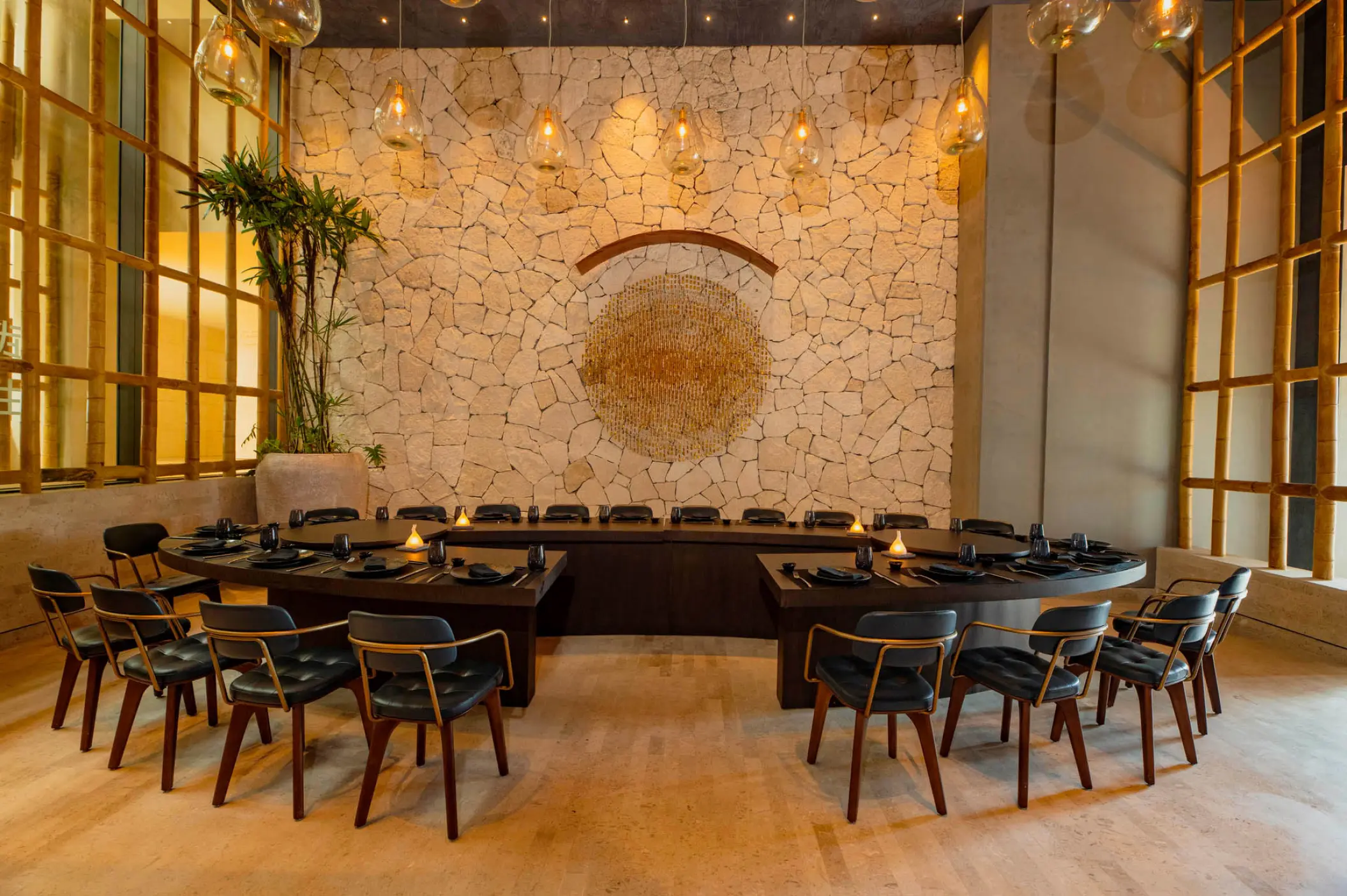 Takeshi restaurant private dining room with textured wall at Atelier Playa Mujeres, Cancun