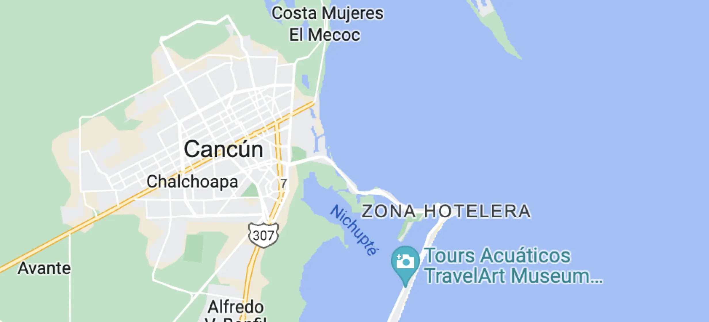 Map of Cancun and Costa Mujeres showing the location of Atelier Playa Mujeres