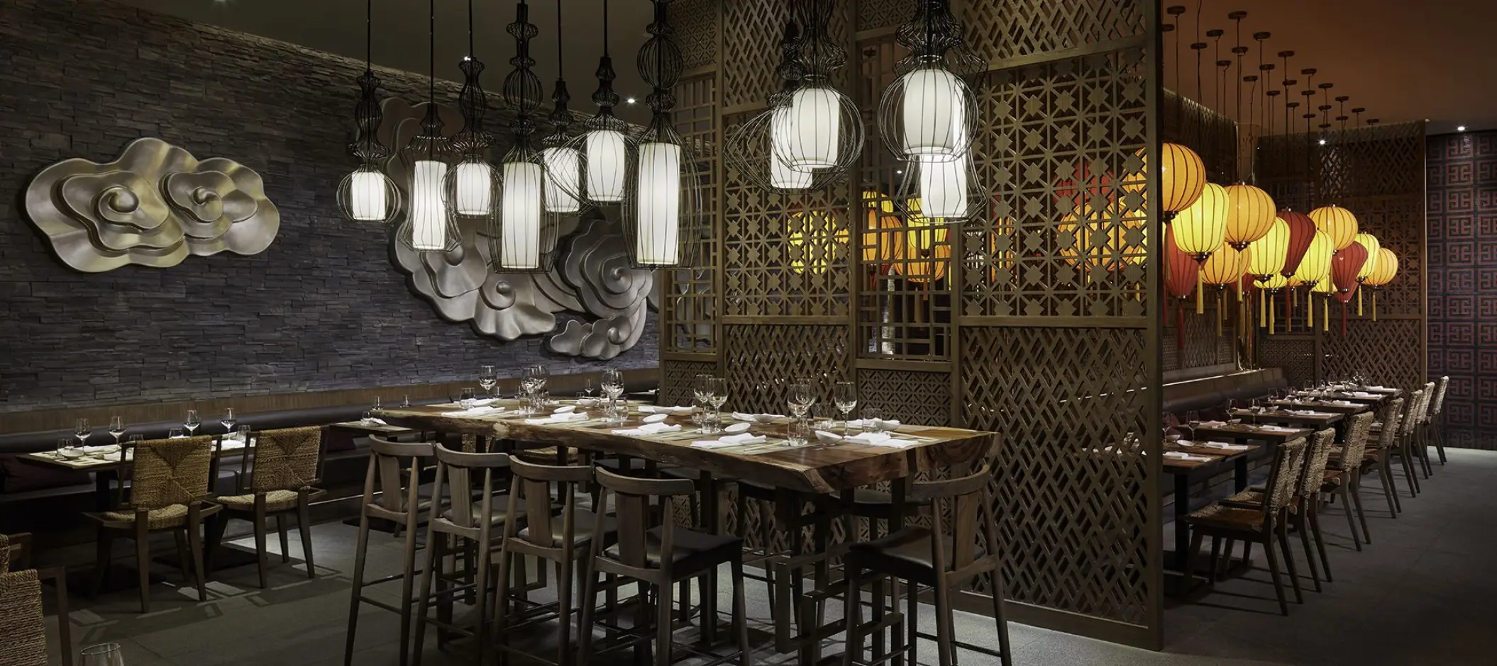Hua Hin restaurant dining room with hanging lanterns and lattice screens at Azul Beach Resort Negril
