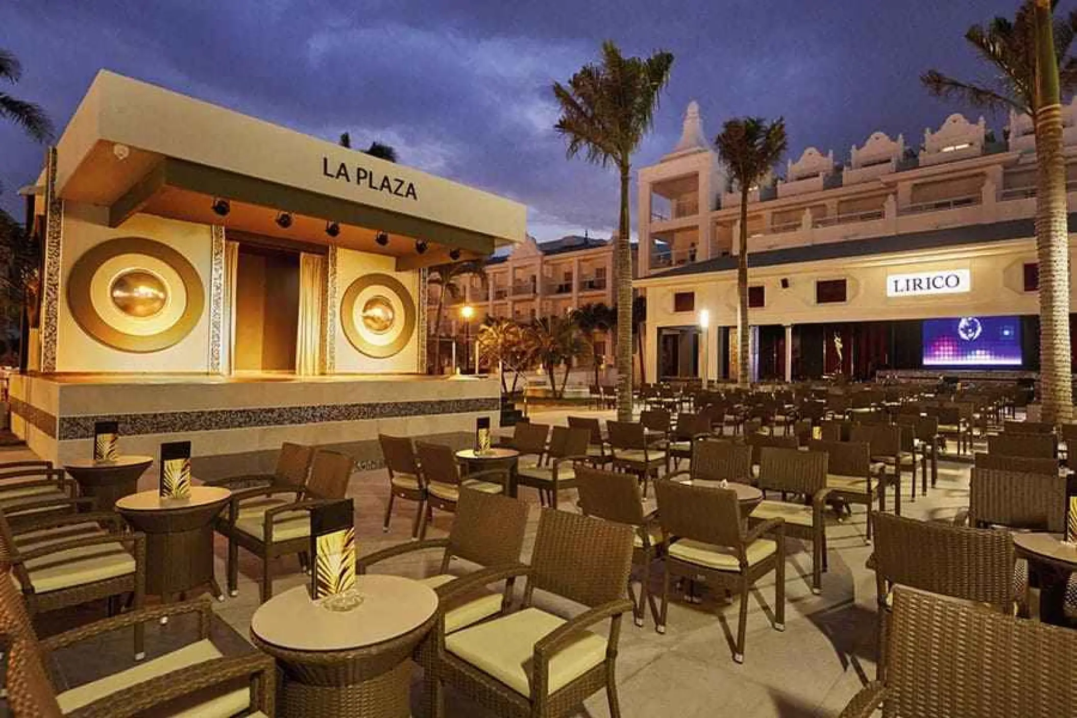 La Plaza outdoor theater and bar seating at Riu Palace Riviera Maya, Playa Del Carmen