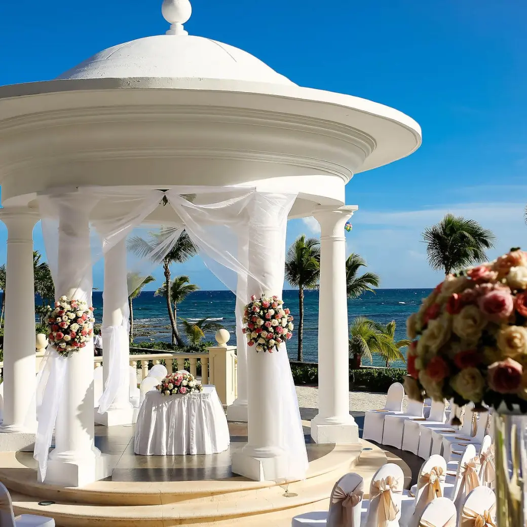 Oceanfront wedding ceremony at the white gazebo in Barcelo Maya Riviera, Riviera Maya