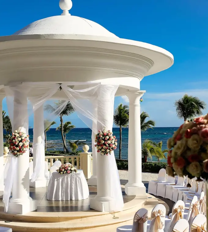 Oceanfront wedding ceremony at the white gazebo in Barcelo Maya Riviera, Riviera Maya