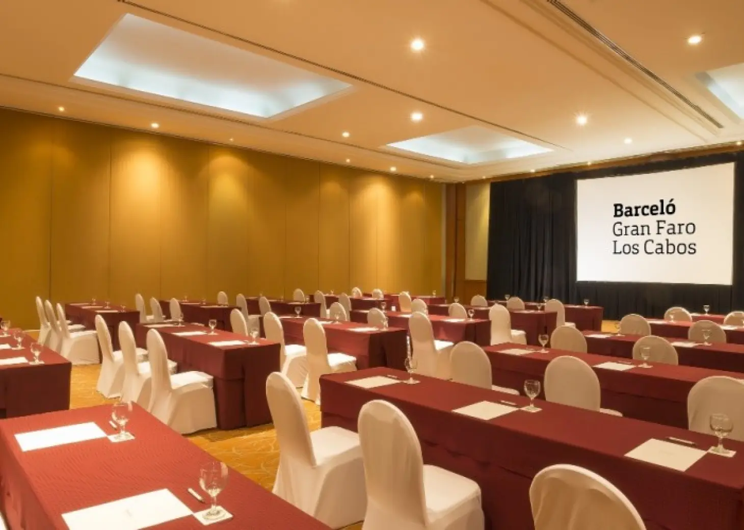 Indoor ballroom set for a wedding reception at Barcelo Gran Faro, Cabo San Lucas