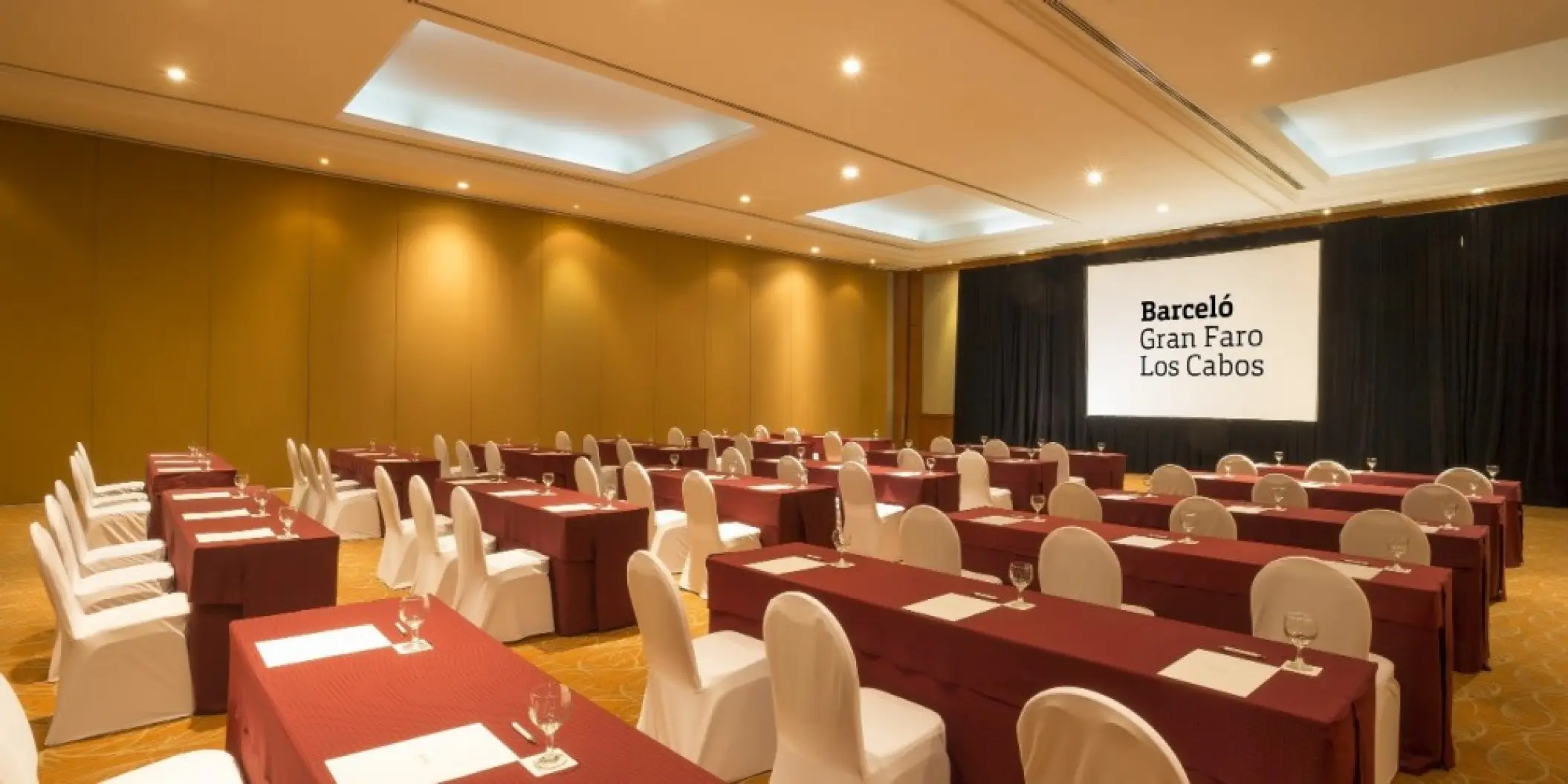 Indoor ballroom set for a wedding reception at Barcelo Gran Faro, Cabo San Lucas