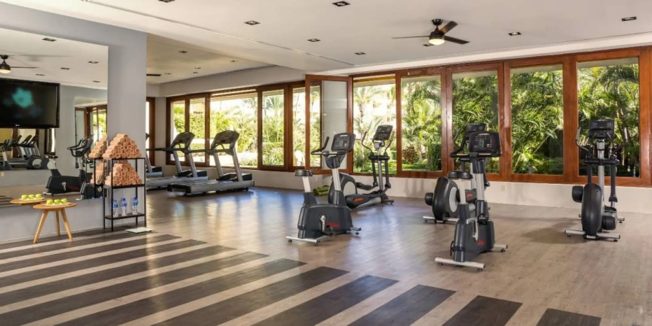 Fitness center with cardio machines and large windows at Barcelo Gran Faro, Cabo San Lucas