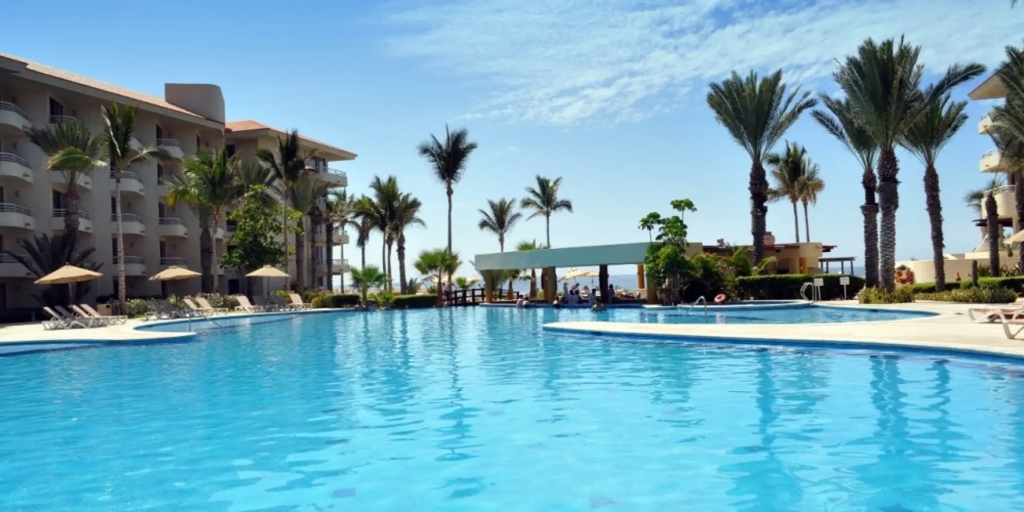 Barcelo Gran Faro swimming pool surrounded by palm trees and lounge chairs, Cabo San Lucas
