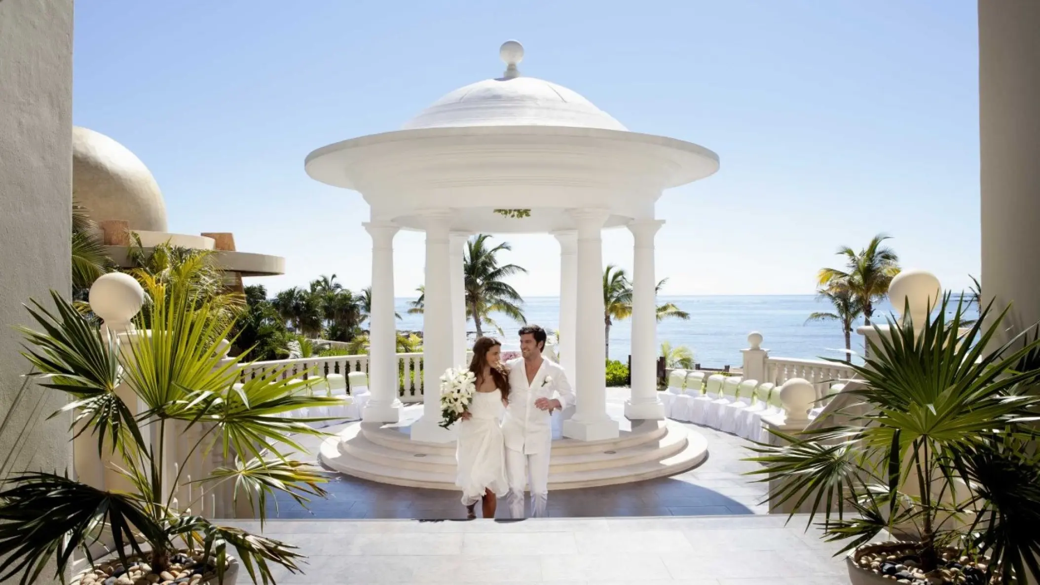 White oceanfront gazebo wedding ceremony at Barcelo Maya Riviera, Riviera Maya