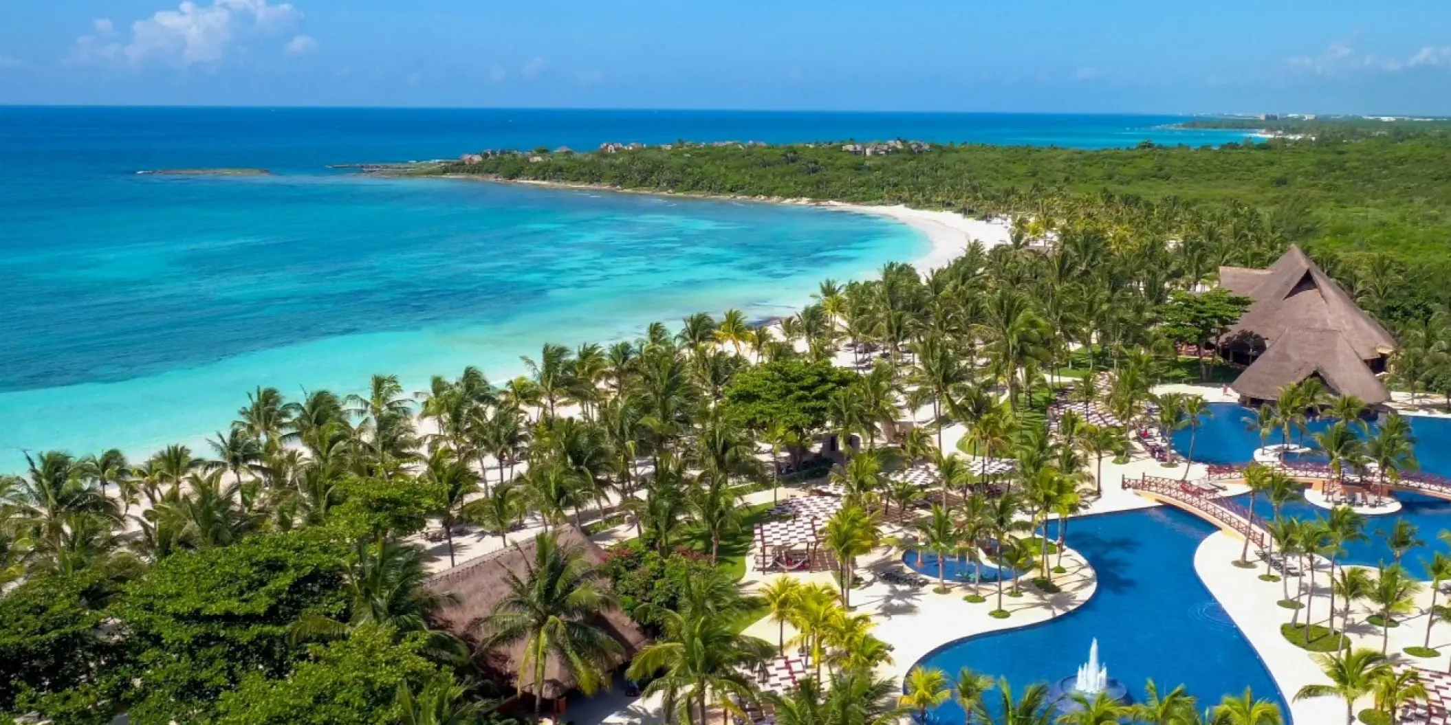 Aerial view of Barcelo Maya Beach pools and coastline, Riviera Maya