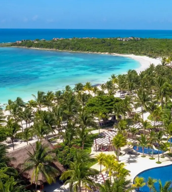 Aerial view of Barcelo Maya Beach pools and coastline, Riviera Maya